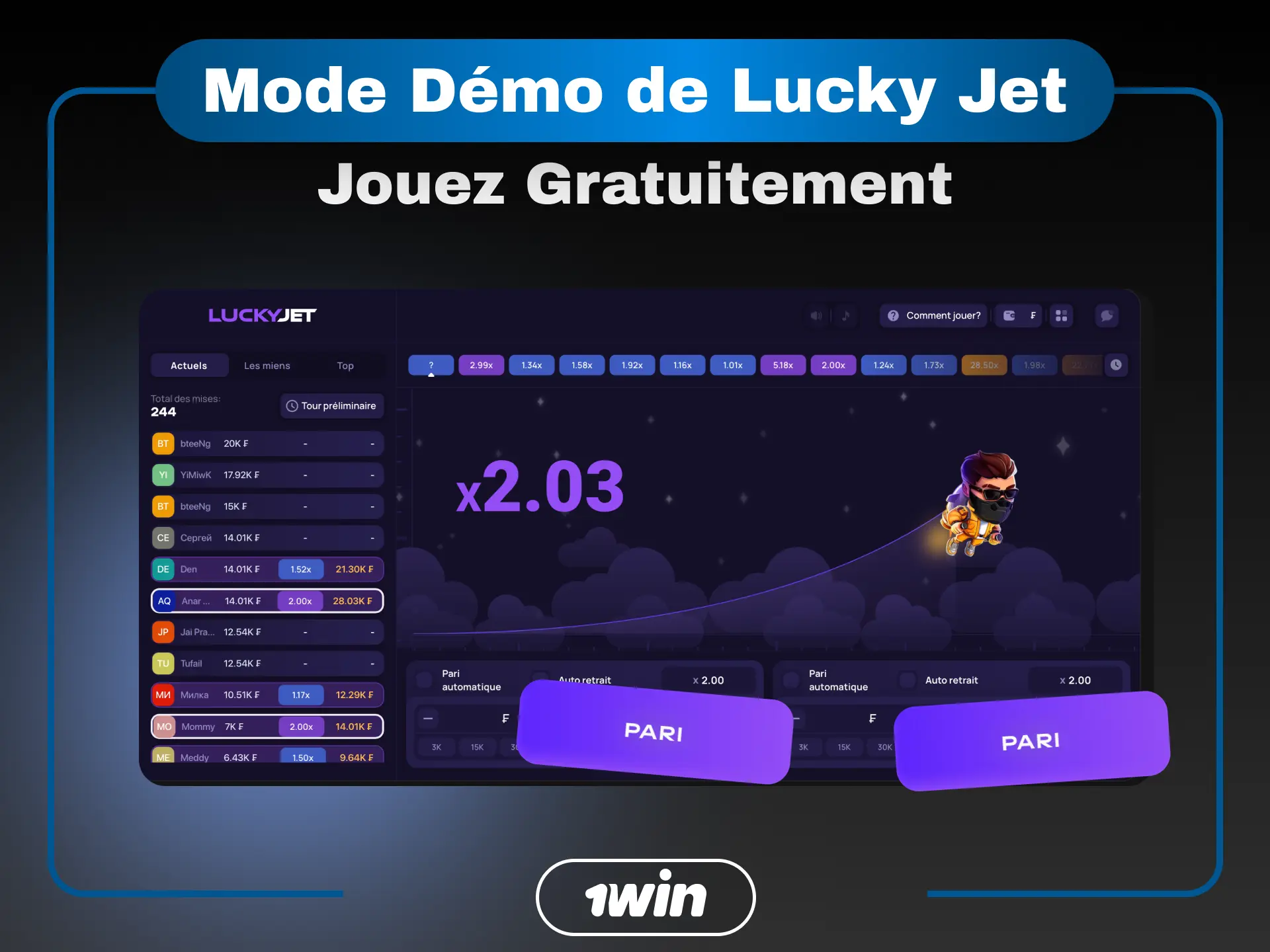 Mode démo Lucky Jet sur 1win pour jouer gratuitement sans risque en Côte d'Ivoire.