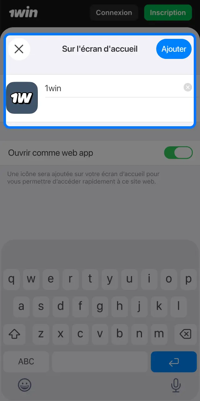 Confirmez l'ajout du raccourci 1win sur votre écran d'accueil iOS et jouez à Lucky Jet.