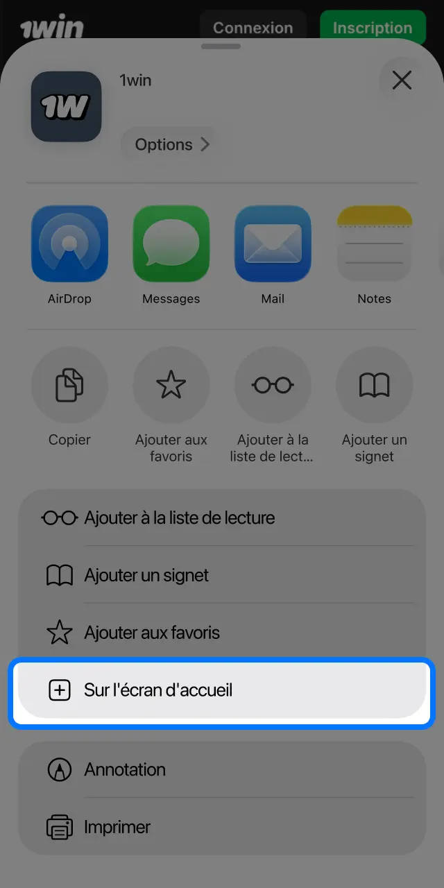 Sélectionnez Sur l'écran d'accueil dans Safari pour créer le raccourci 1win.
