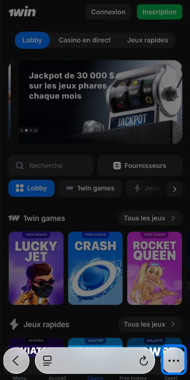 Appuyez sur le bouton iOS sur la page d'accueil 1win pour la version mobile.