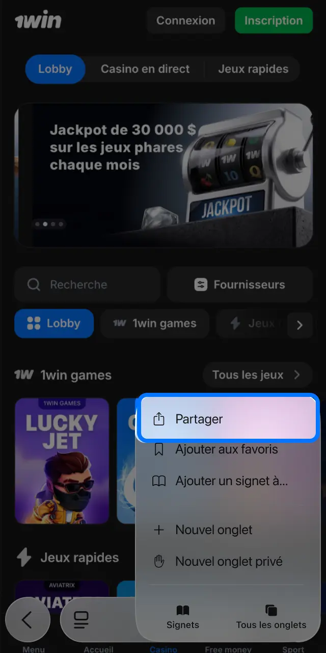 Appuyez sur Partager dans Safari pour ajouter 1win à votre écran d'accueil iOS.