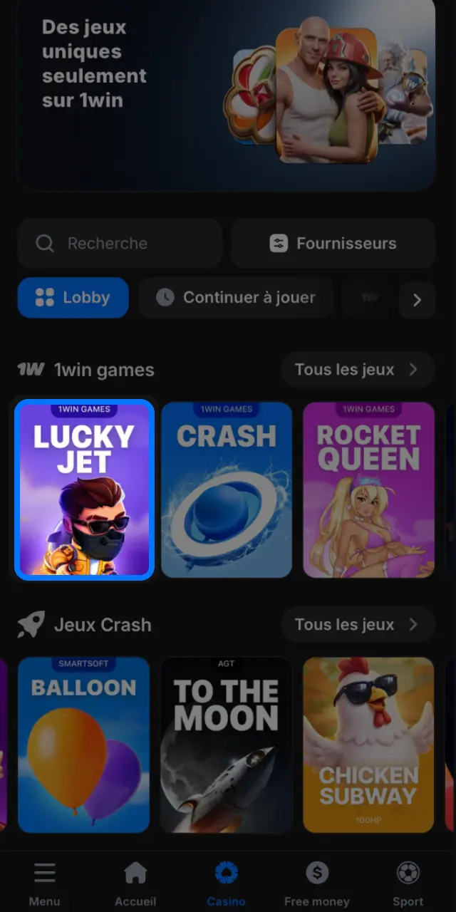 Lancez Lucky Jet dans la section Casino de 1win en Côte d'Ivoire.