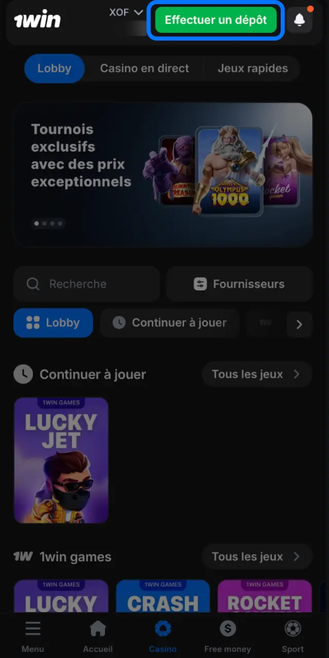 Effectuez un dépôt sur 1win en Côte d'Ivoire pour jouer à Lucky Jet.