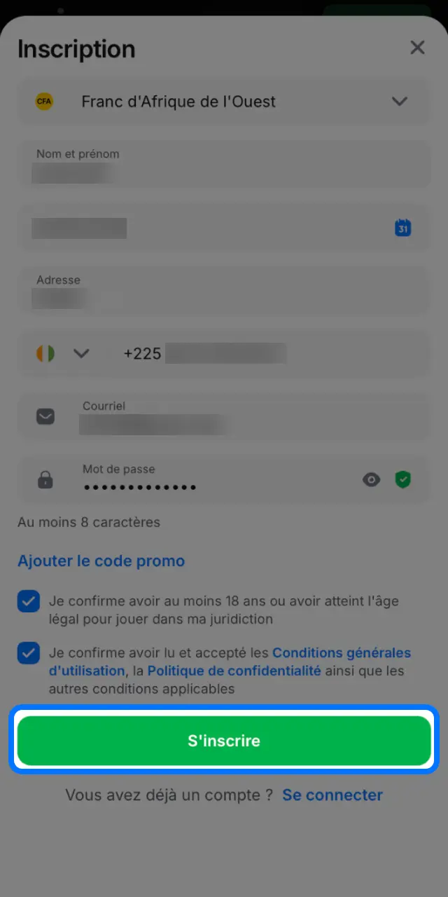 Cliquez sur Visiter et remplissez le formulaire d'inscription 1win en Côte d'Ivoire.