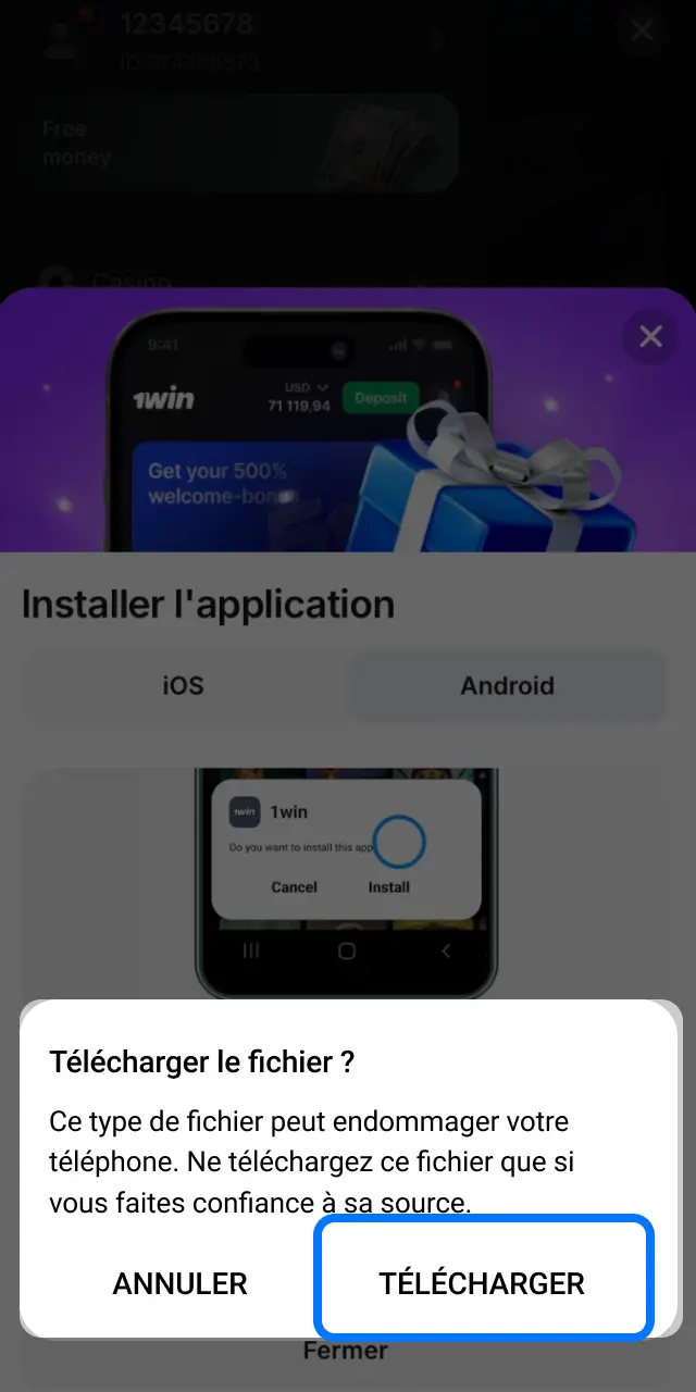 Téléchargez l'APK 1win sur Android pour jouer à Mines en Côte d'Ivoire.