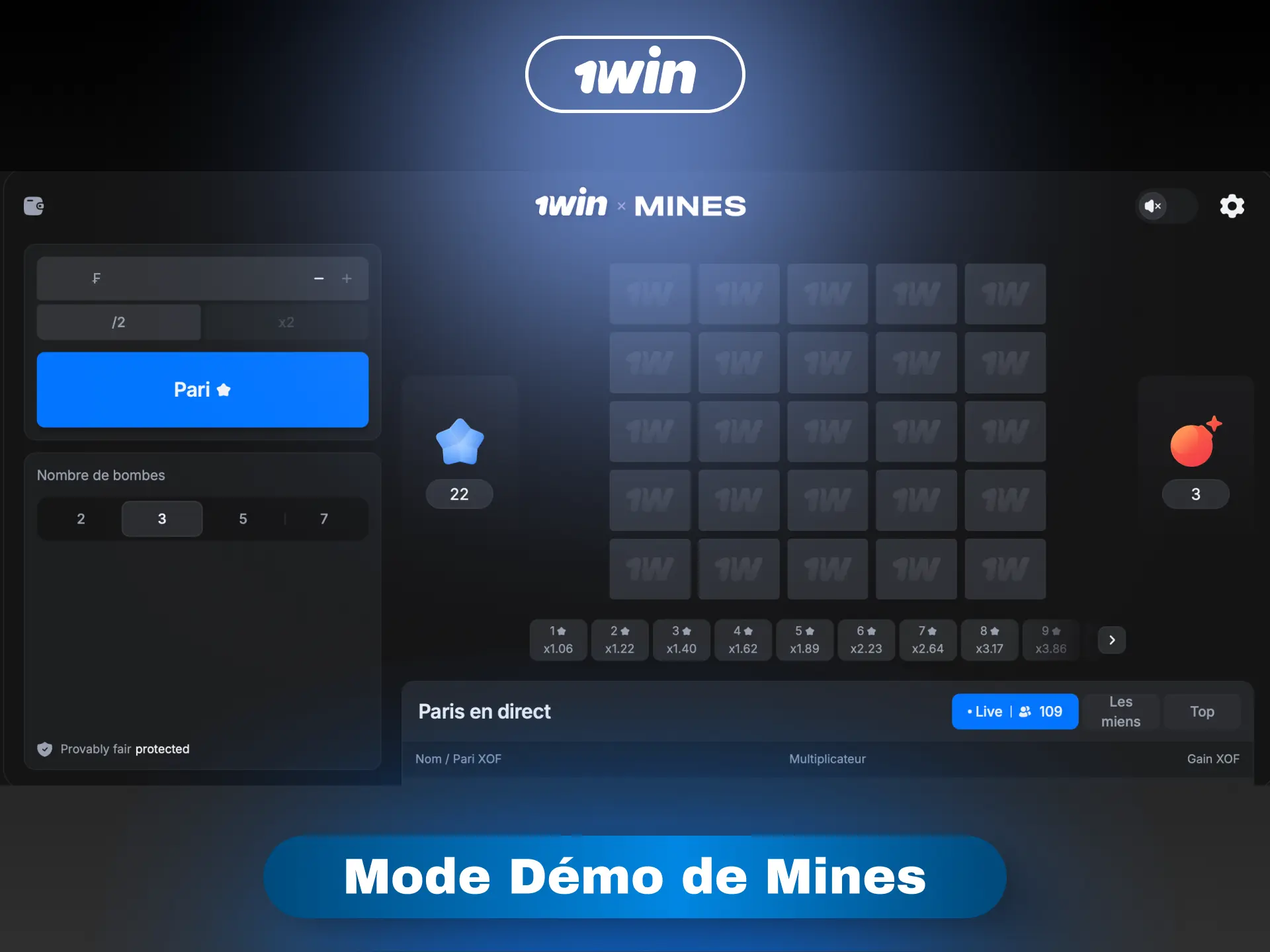 Mode démo Mines sur 1win pour jouer gratuitement sans risque en Côte d'Ivoire.