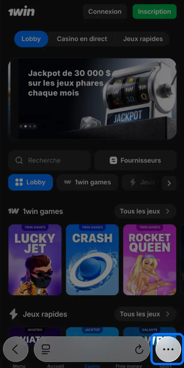 Appuyez sur le bouton iOS sur la page d'accueil 1win pour la version mobile.