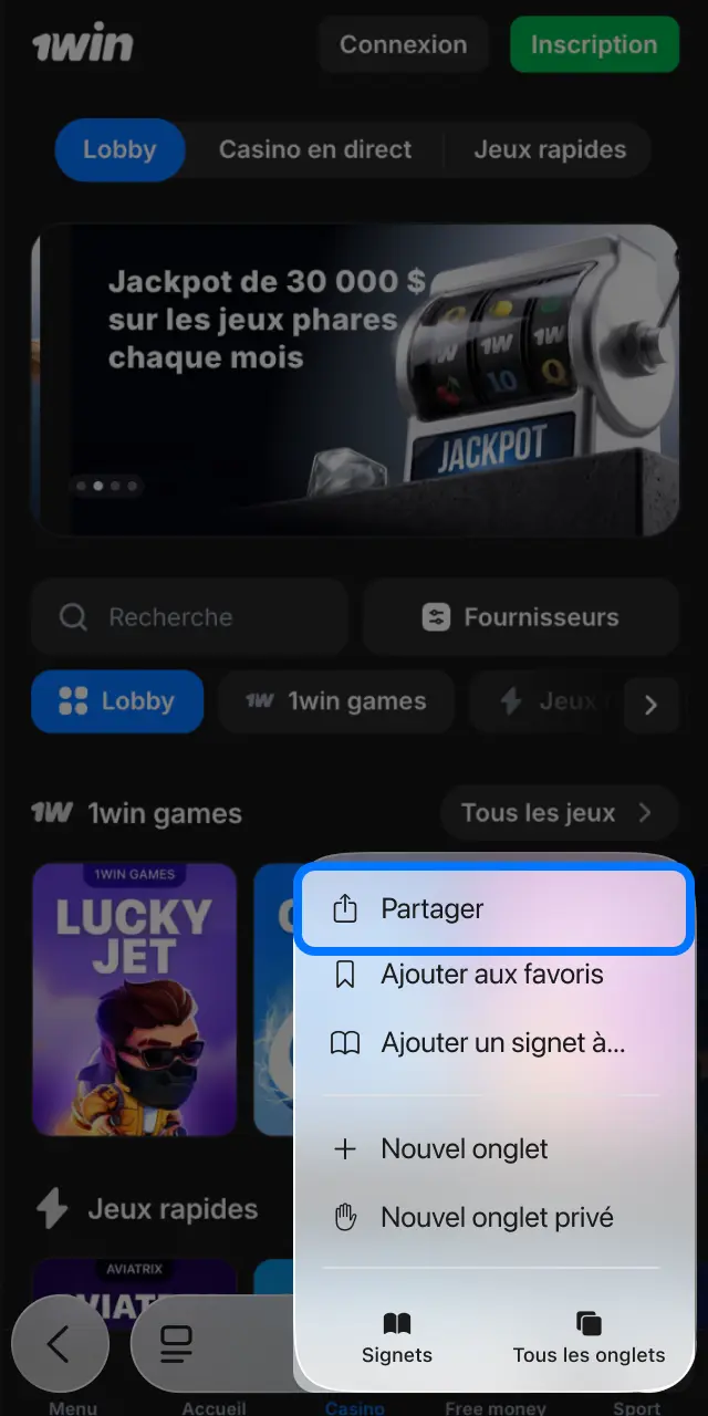 Appuyez sur Partager dans Safari pour ajouter 1win à votre écran d'accueil iOS.