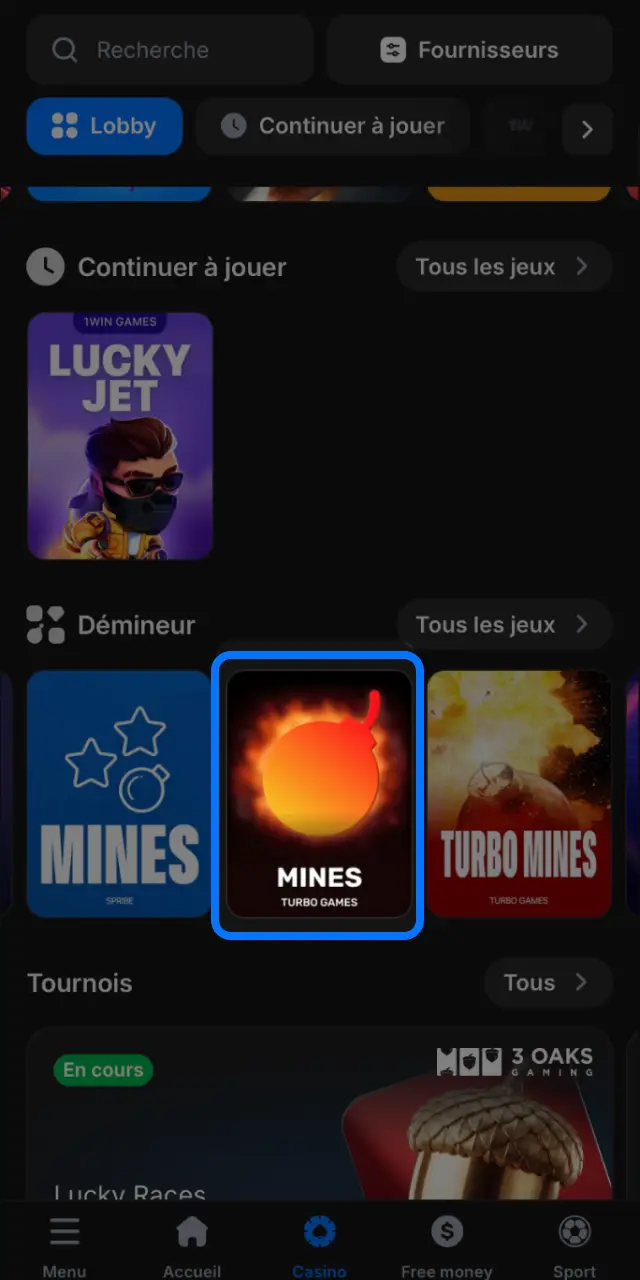 Lancez Mines dans la section Casino de 1win en Côte d'Ivoire.
