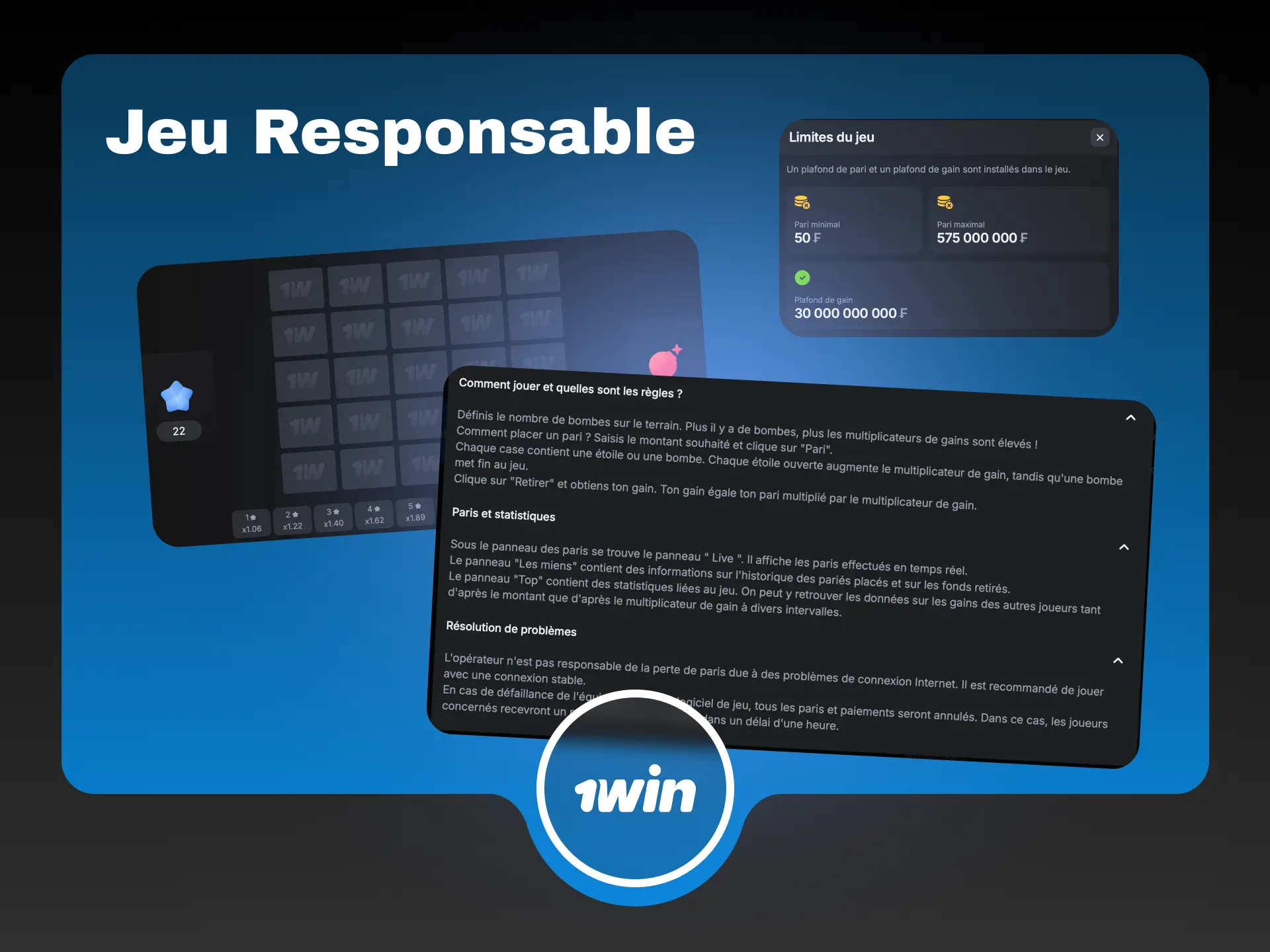 Outils de jeu responsable 1win pour Mines en Côte d'Ivoire.