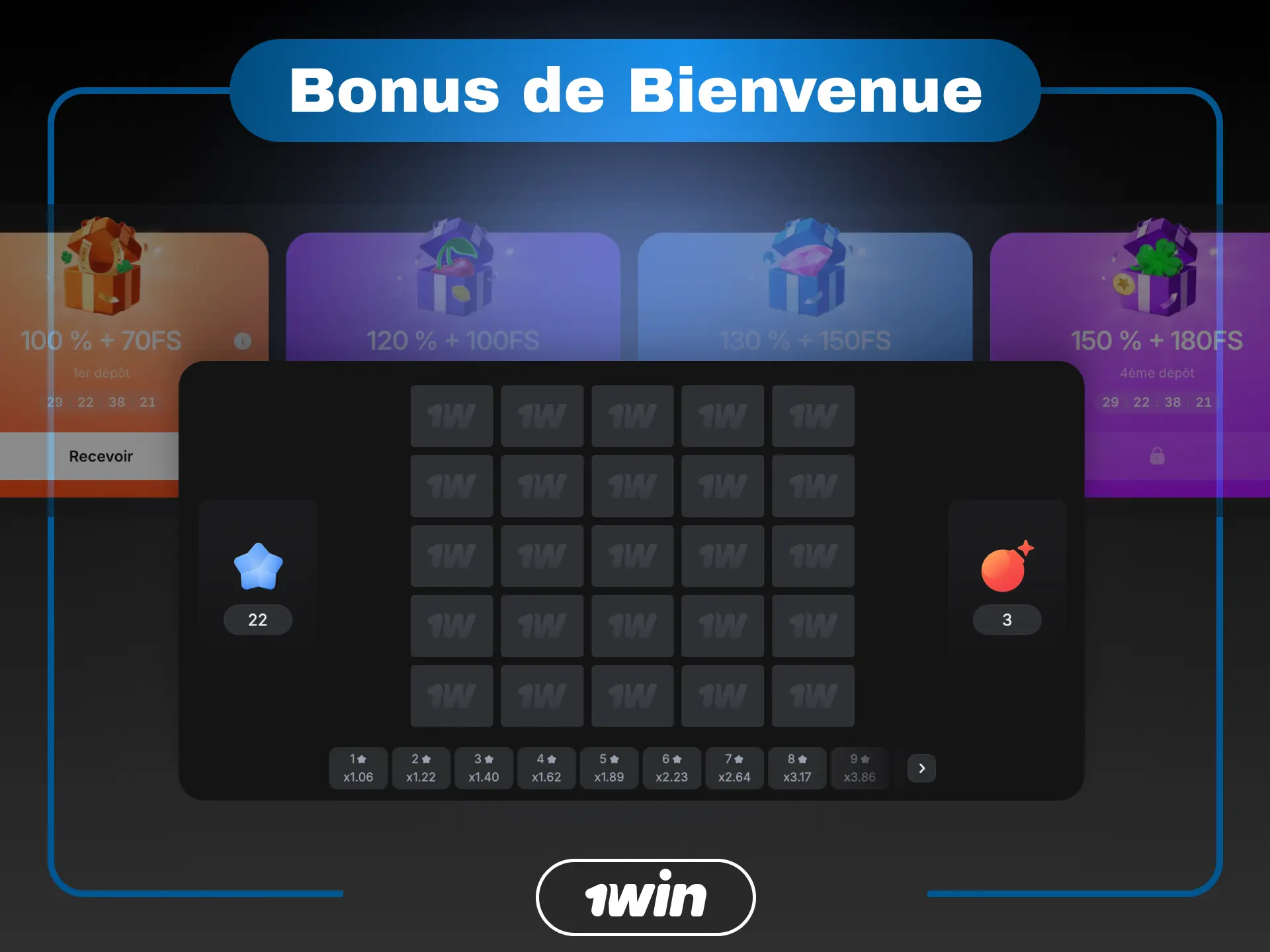 Bonus de bienvenue 1win pour jouer à Mines en Côte d'Ivoire.