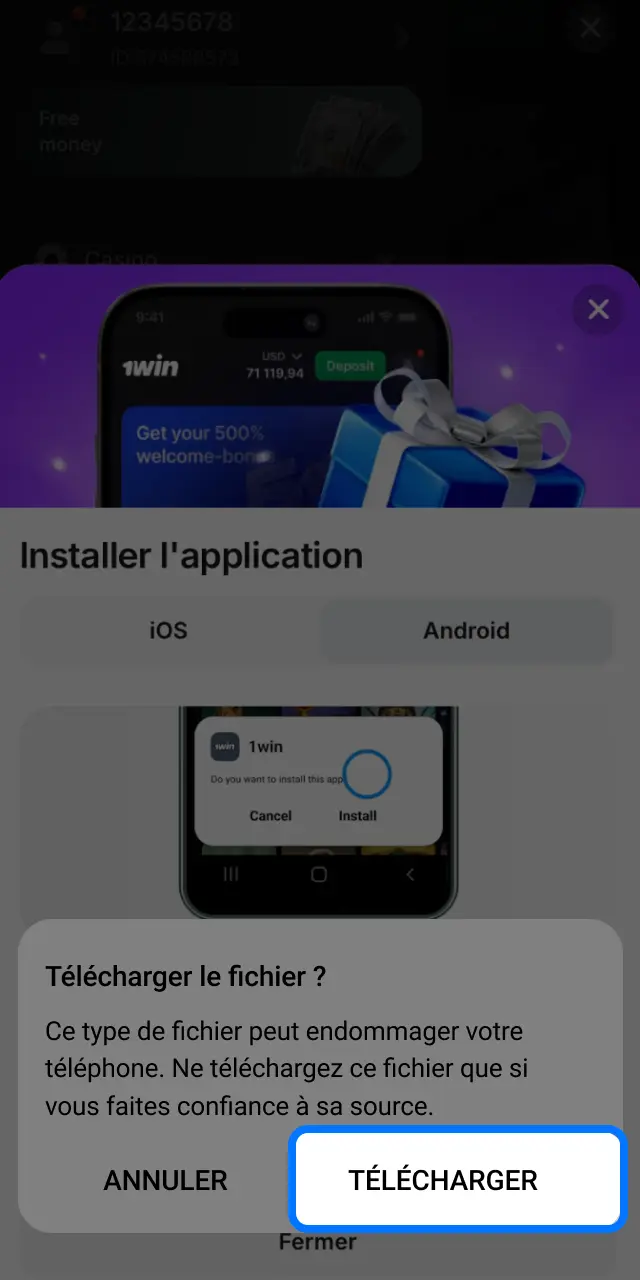 Téléchargez l'APK 1win sur Android pour jouer à Plinko en Côte d'Ivoire.