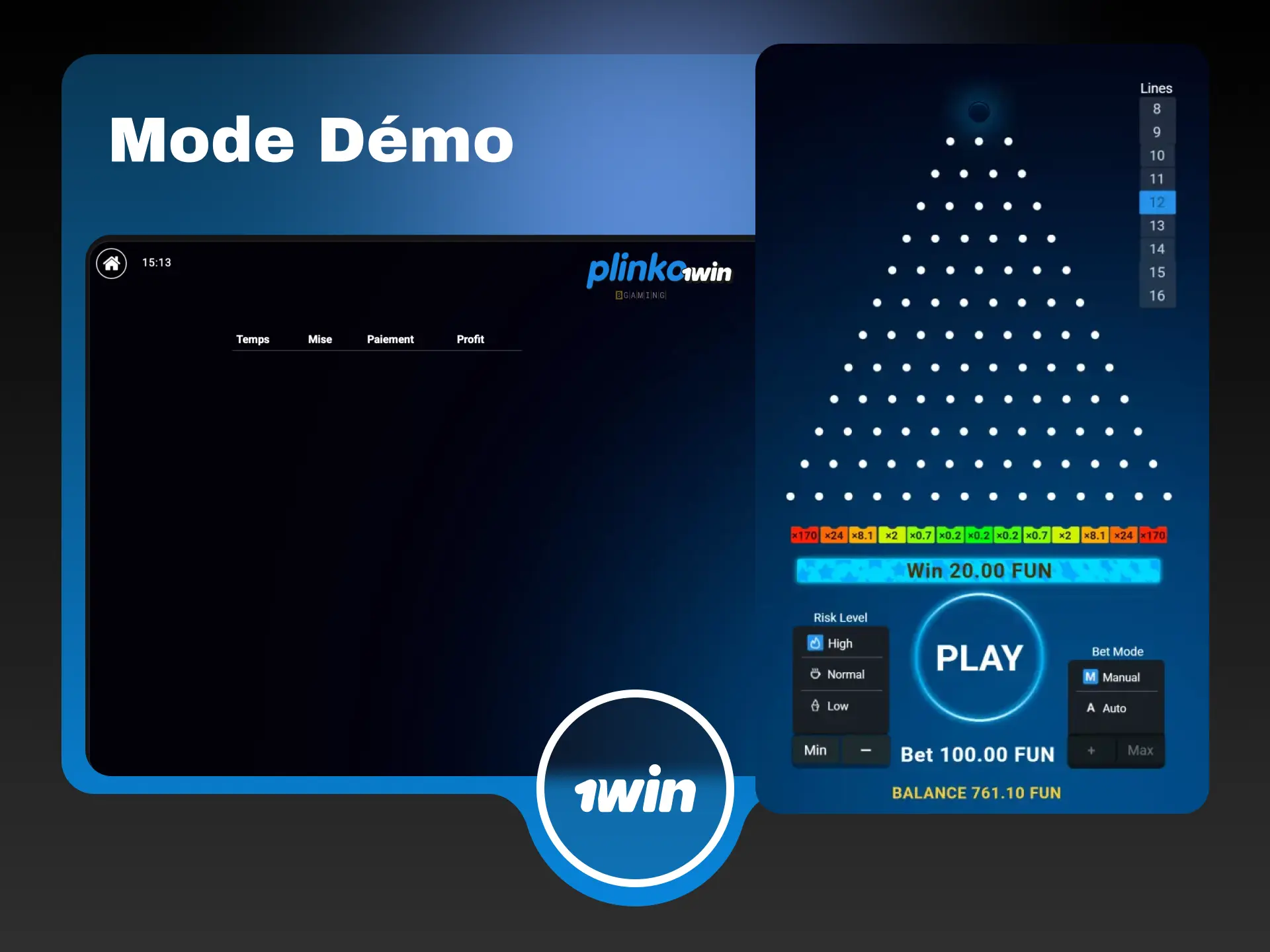 Mode démo Plinko sur 1win pour jouer gratuitement sans risque en Côte d'Ivoire.
