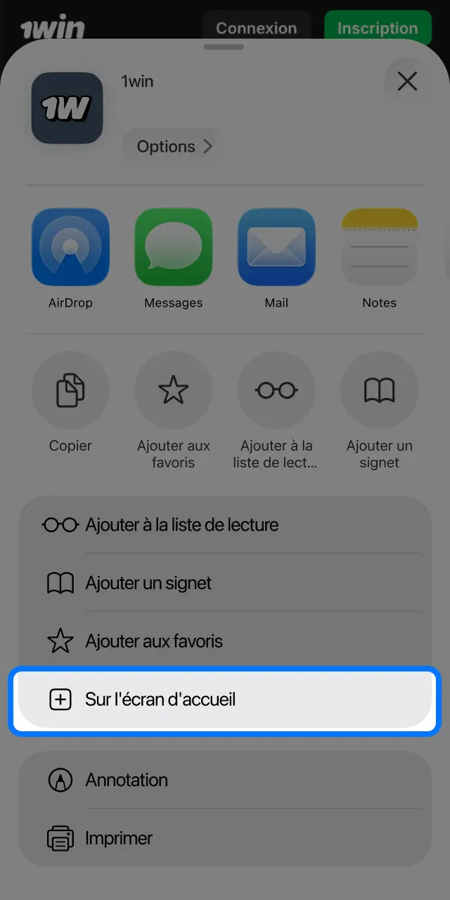 Sélectionnez Sur l'écran d'accueil dans Safari pour créer le raccourci 1win.