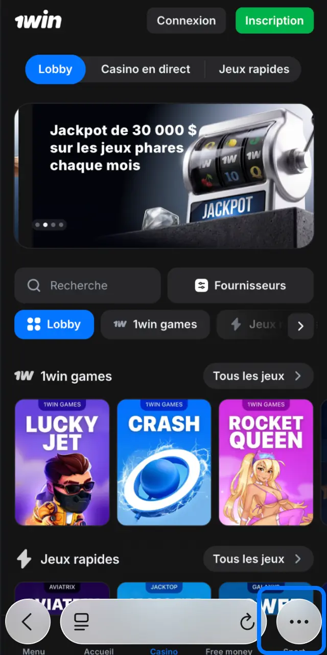 Appuyez sur le bouton iOS sur la page d'accueil 1win pour la version mobile.