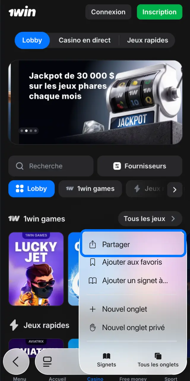 Appuyez sur Partager dans Safari pour ajouter 1win à votre écran d'accueil iOS.