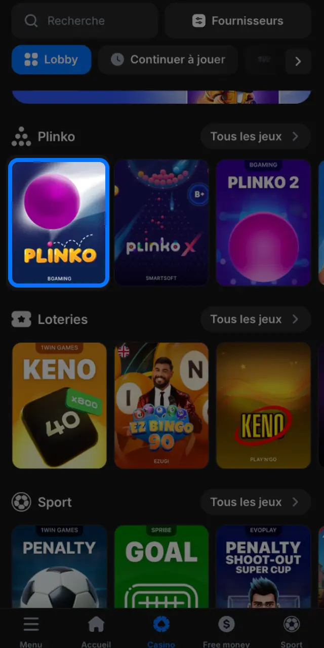 Lancez Plinko dans la section Casino de 1win en Côte d'Ivoire.