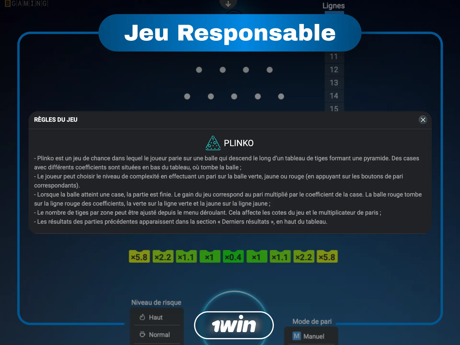 Outils de jeu responsable 1win pour Plinko en Côte d'Ivoire.
