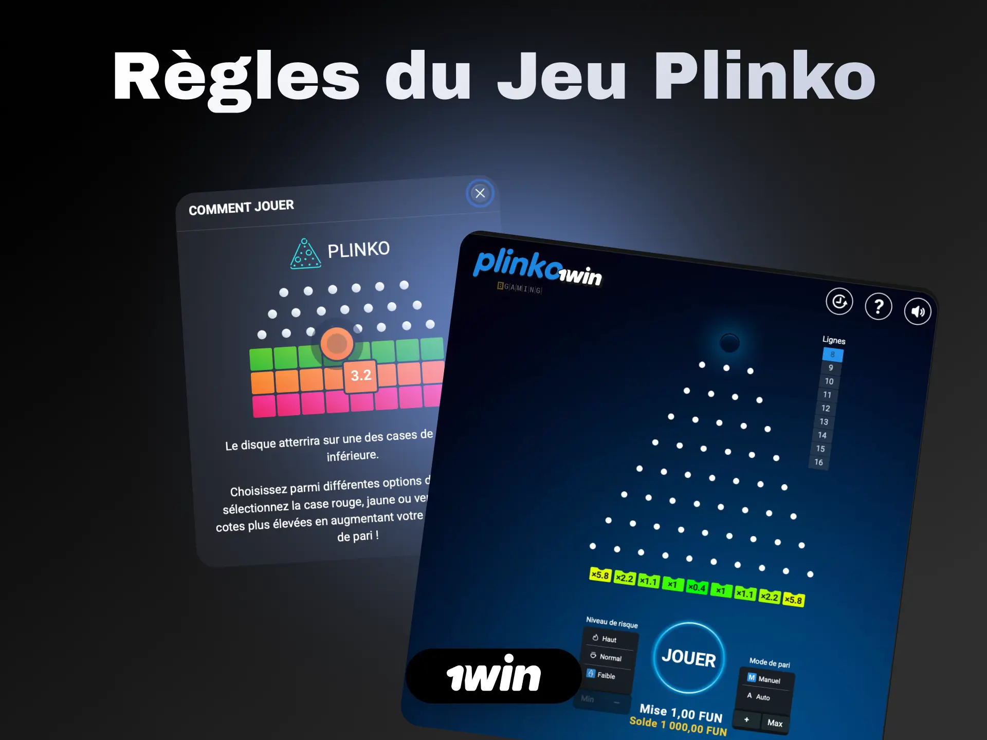 Règles de Plinko sur 1win : placez votre mise, choisissez le risque et laissez tomber la balle.