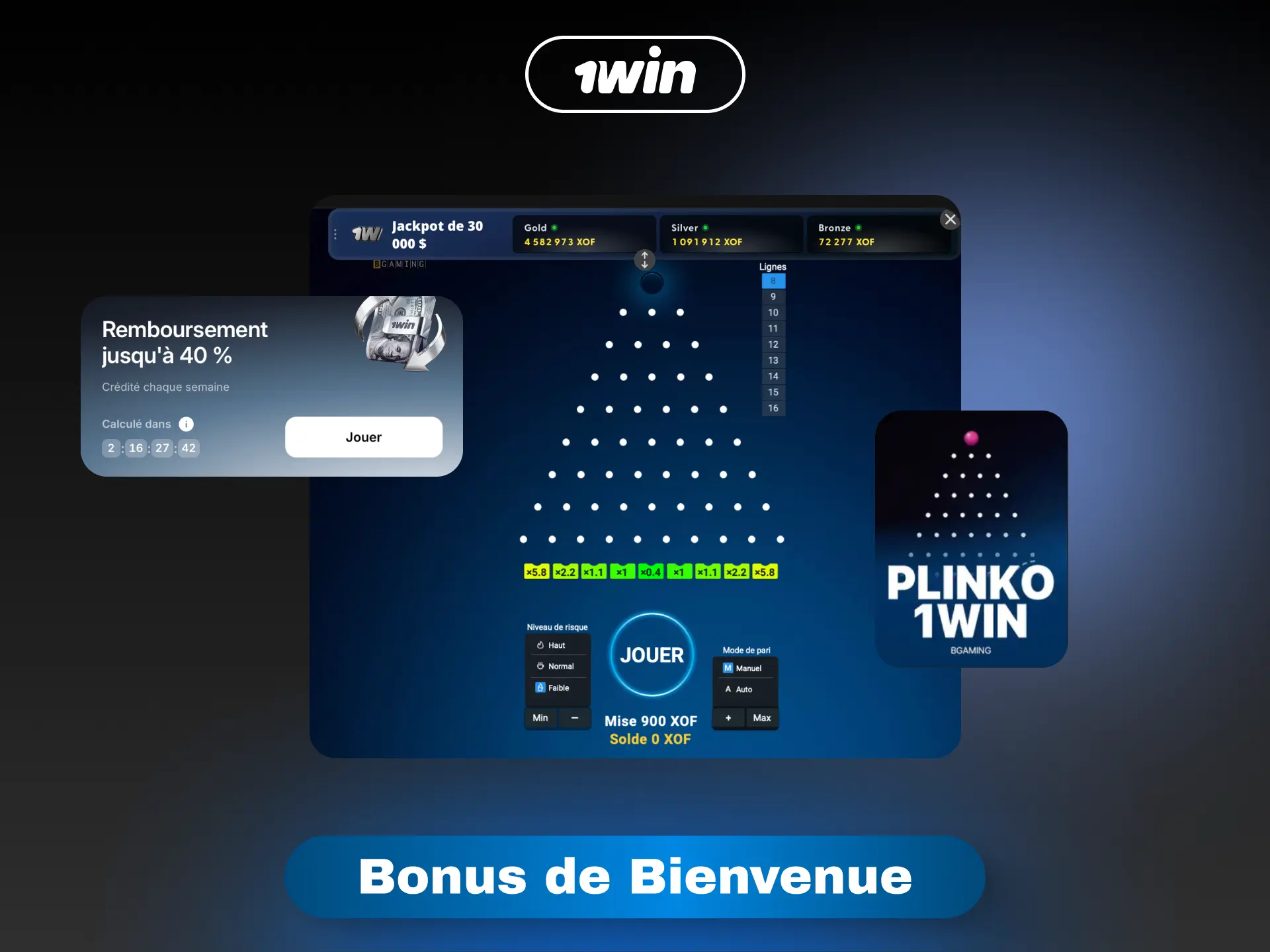 Bonus de bienvenue 1win pour jouer à Plinko en Côte d'Ivoire.