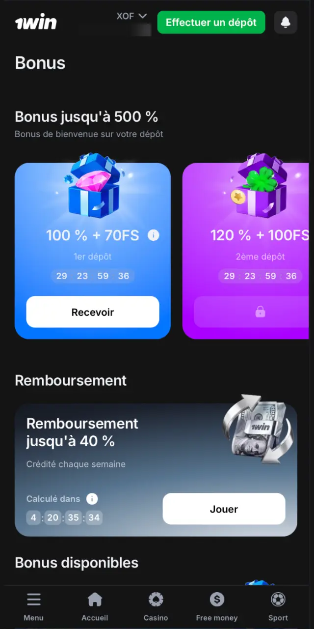 Accédez à la section Bonus de votre profil 1win et sélectionnez votre offre.