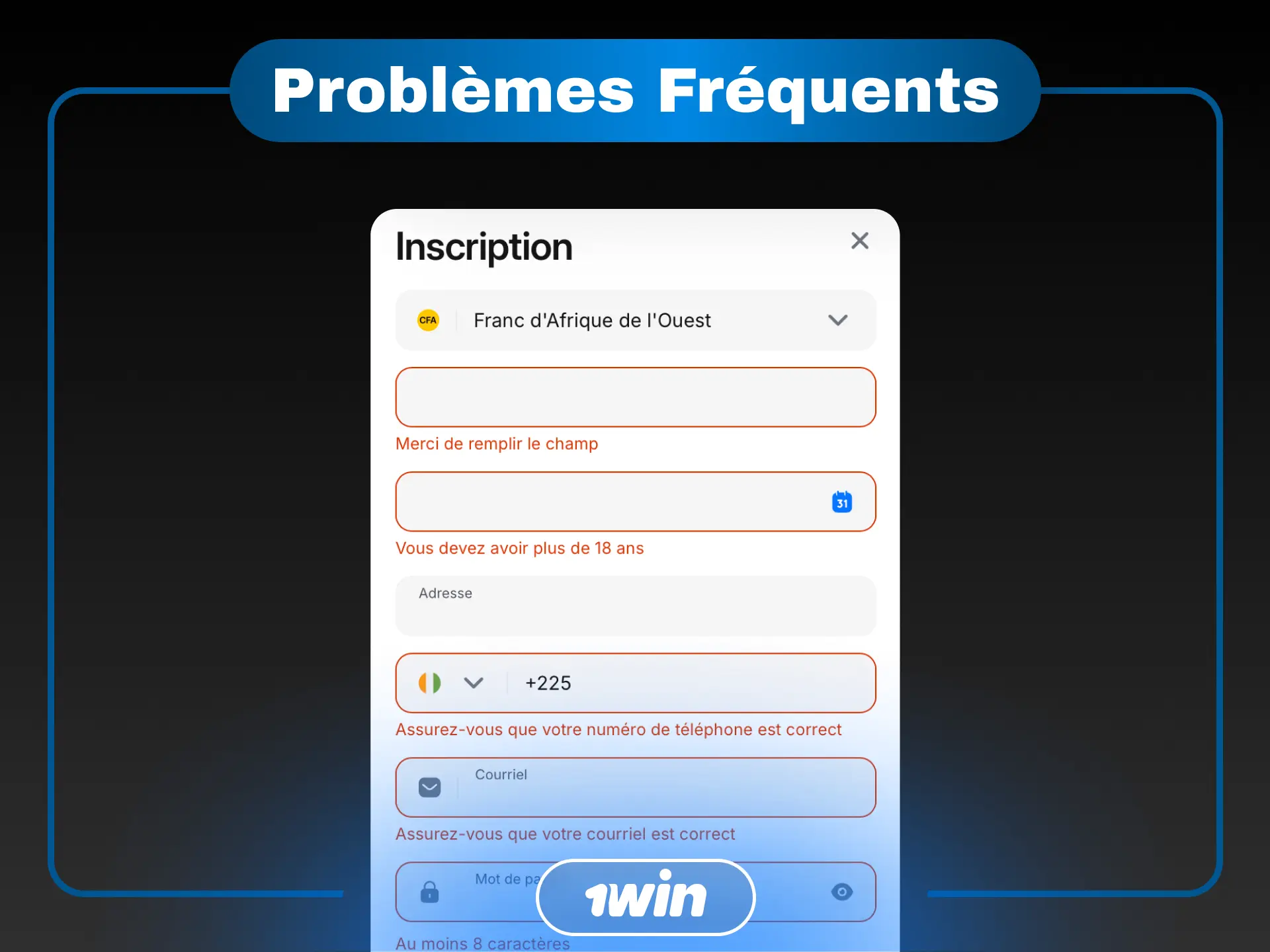 Solutions pour les problèmes fréquents lors de l'inscription sur 1win en Côte d'Ivoire.