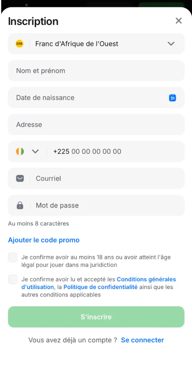 Cliquez sur le bouton ci-dessous pour ouvrir le formulaire d'inscription 1win en Côte d'Ivoire.